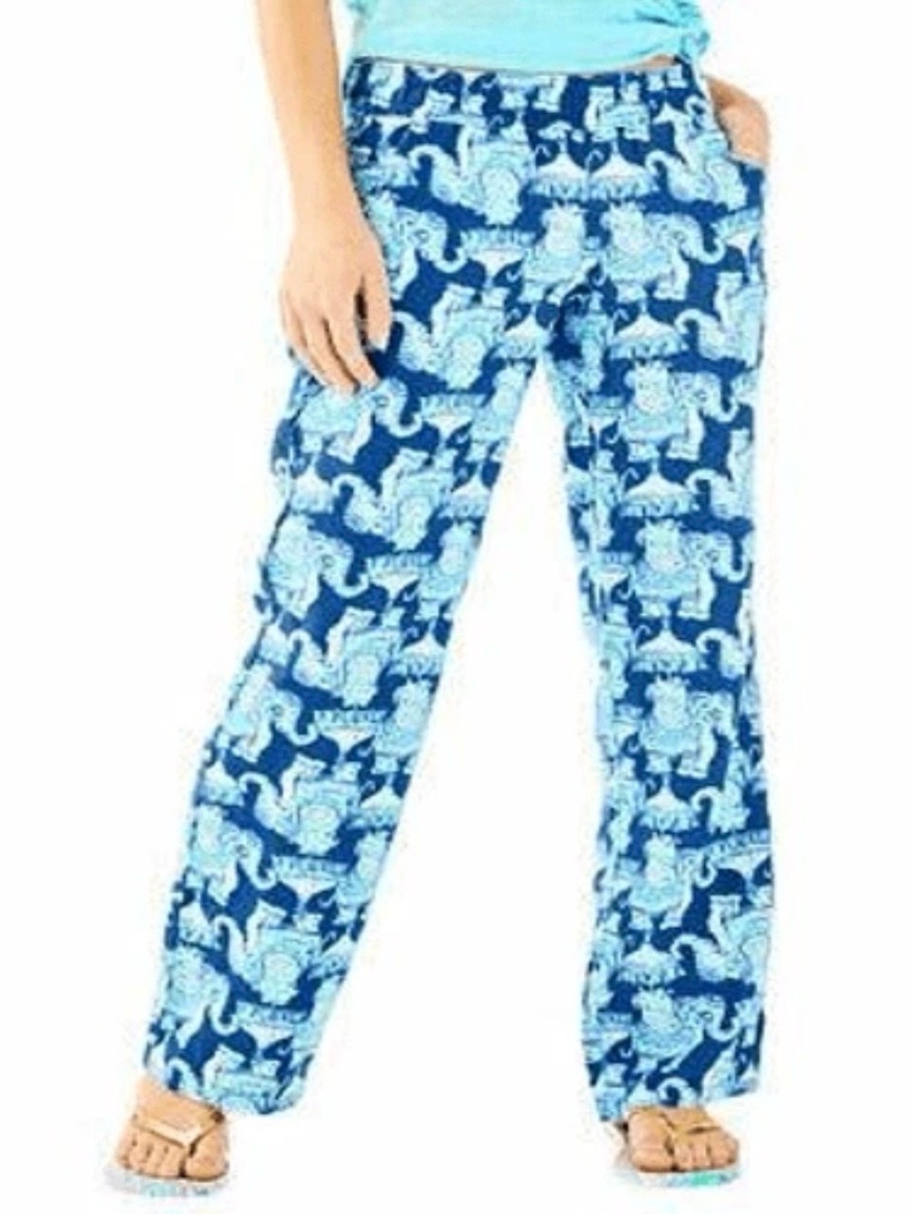 Lilly Pulitzer Florita 100% Linen Pants Deep Indigo Joy Ride Elephant Womens XS